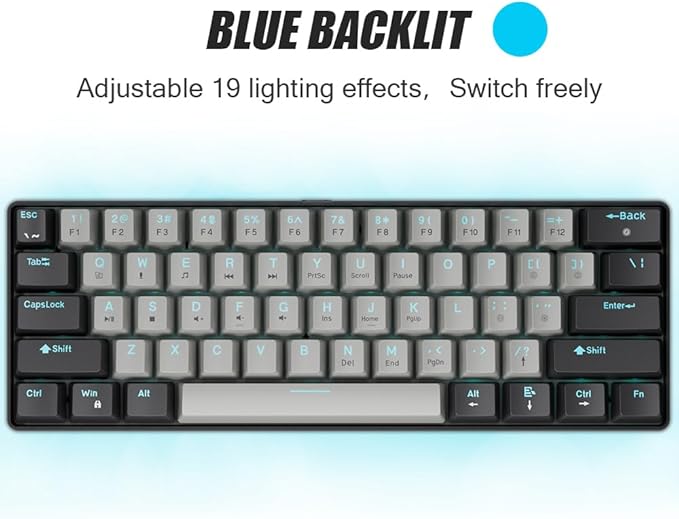 abucow 60% Mechanical Gaming Keyboard Blue Switch Wired Compact Keyboard Anti-Ghosting No-Conflict 61 Swappable keycaps Ergonomic Design for Windows/Mac