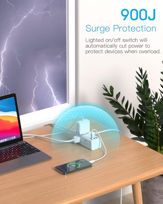 One Beat 20 Ft Extension Cord, Power Strip Surge Protector with 6 Widely Outlets 3 USB Ports (1 USB C), 3-Side Outlet Extender, Wall Mount Flat Plug Power Strip for Travel Home Office College Dorm