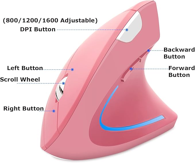 Wireless Mouse Ergonomic Vertical Ergo High Presion Optical Lightweight Cordless LED Light Large Cute Wireless Mouse for Laptop Computer Mac Office Girl Boy Adults Gift , 800/1200/1600 DPI, 6 Buttons
