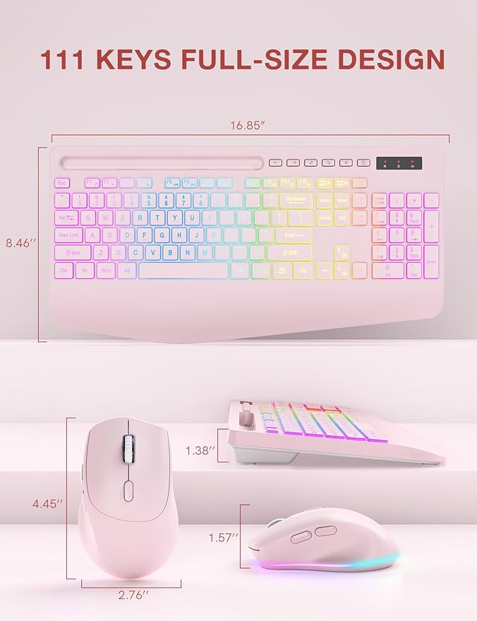 Wireless Keyboard and Mouse Combo, 9 Backlit Effects, Wrist Rest, Phone Holder, 2.4G Lag-Free Ergonomic Keyboards, KM22 MAX Rechargeable Silent Set for Computer, Laptop, Mac, Windows -SABLUTE（Pink）