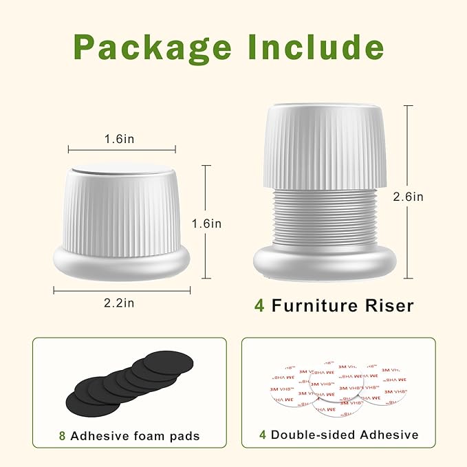 1.6-2.6 Inch Adjustable Bed Risers, Durable ABS & Anti Slip Bed Stoppers for Headboard, Suitable for Small Furniture Risers, Such As Table Risers, Chair Risers, Desk Leg Riser, White 4 Pack
