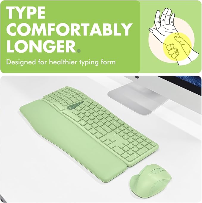 X9 Ergonomic Keyboard and Mouse Wireless Combo - Green Split Keyboard and Mouse Set, Bluetooth/2.4G, Soft Wrist Rest, Rechargeable, Silent Keys, Multi-Device for Laptop, PC, Mac, iOS, Android