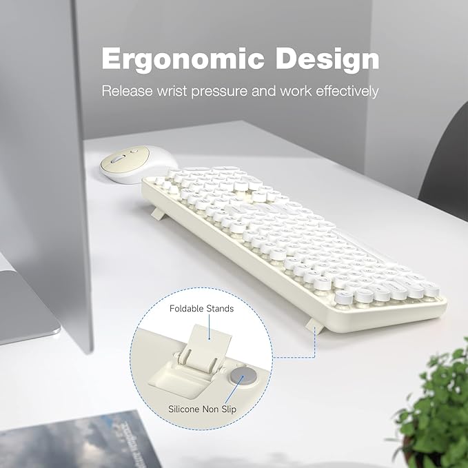 Wireless Keyboard and Mouse Combo, 104 Keys Full-Sized Typewriter Keyboards, 2.4 GHz USB Receiver Plug and Play, for Windows, PC, Laptop, Desktop (Cremy White)