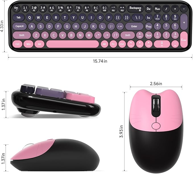 Wireless Keyboard and Mouse Combo, MOWUX Compact Typewriter Retro Round Computer Keyboard, Cute Optical Mouse Wireless, Plug and Play, for Laptop, PC, Computer- Plum Pink Gradient