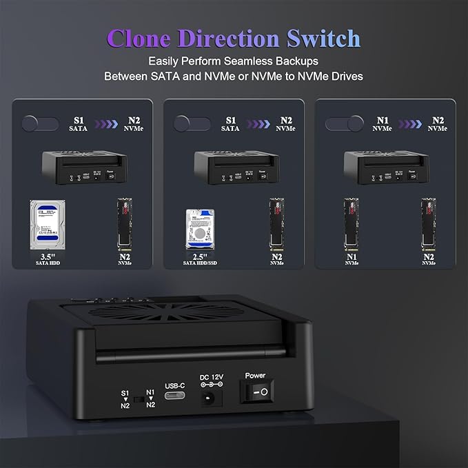 M.2 NVMe & SATA Hard Drive Docking Station, USB C 10Gbps Hard Drive cloner for M.2 PCIe NVMe + SATA 2.5”/3.5” HDD Converter, Offline Cloning, Tool-Free, Cooling Fan