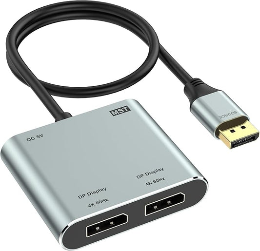 DisplayPort to Dual DisplayPort Splitter Adapter, 4K@60Hz Display Port Splitter Extended Display for Dual Monitors, DP1.4 Splitter 1 in 2 Out, DisplayPort MST Hub for PC, NVIDIA, AMD Graphic Card