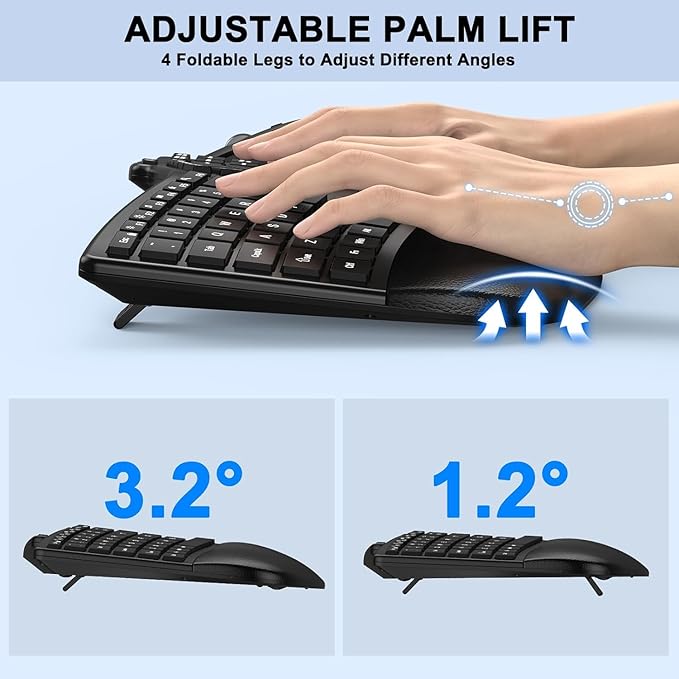 Ergonomic Wireless Keyboard Mouse, Wave Key Bluetooth/2.4G Split Design Ergo Keyboard Mouse Combo with Cushioned Palm Rest, Multi-Device, Rechargeable, for Multi-OS, Windows/Mac
