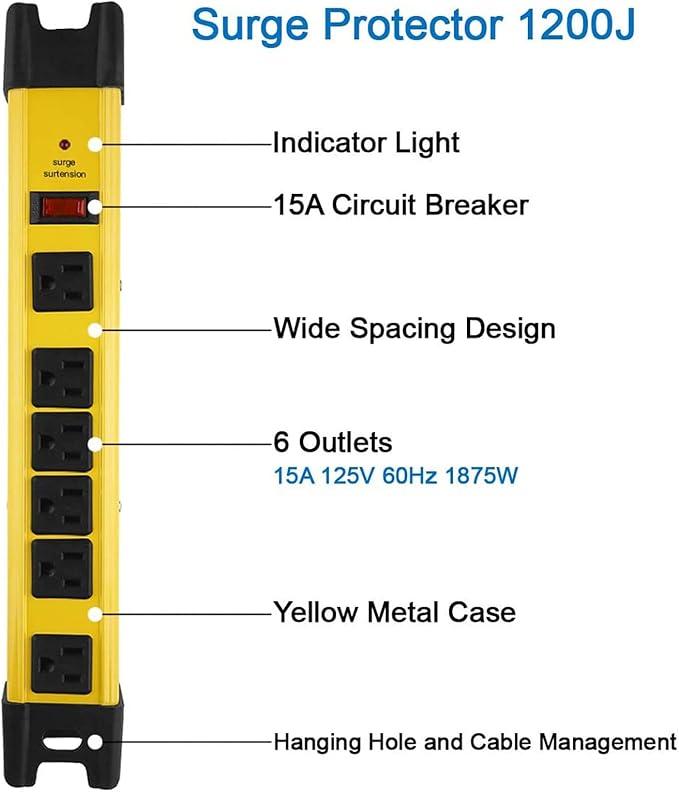 CCCEI Heavy Duty Power Strip Surge Protector - 6 Outlet Industrial Strip with 15A, 1200 Joules - ETL Listed Metal for Shop, Workshop, Garden (4FT, Yellow)