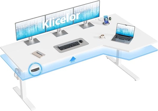 Klicelor 63 Inch L Shaped Standing Desk, Adjustable Height Corner Desk for Home Office Workstation, Sit Stand Desk with Two-Piece Desktop, White