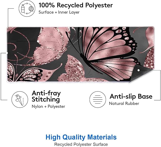 IMAYONDIA Gaming Mouse Pad for Women, Large Non-Slip Rubber Base Mousepad with Stitched Edges, Keyboard Mouse Mat Desk Pad for Work, Game, Office, 31.5x11.8 Inch - Rose Gold Glitter Foil Butterfly