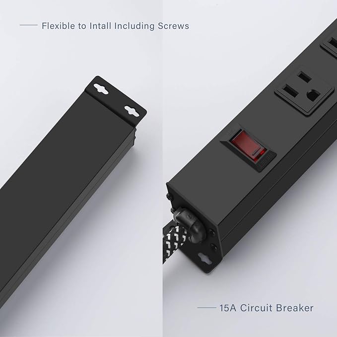 8 Outlet Power Strip - Metal Power Strip with Switch,Wide Spaced Moutable Surge Protector 1200J,3ft 14Awg Braided Cord,Home Office Industrial Garage Commercial