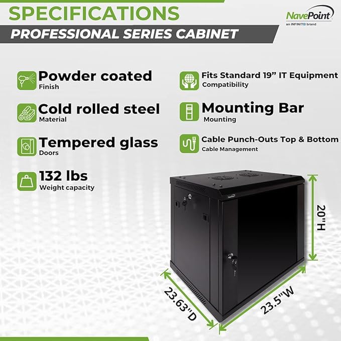 Navepoint 9U Deluxe IT Wallmount Cabinet Enclosure 19-Inch Server Network Rack with Locking Glass Door 24-Inches Deep Black