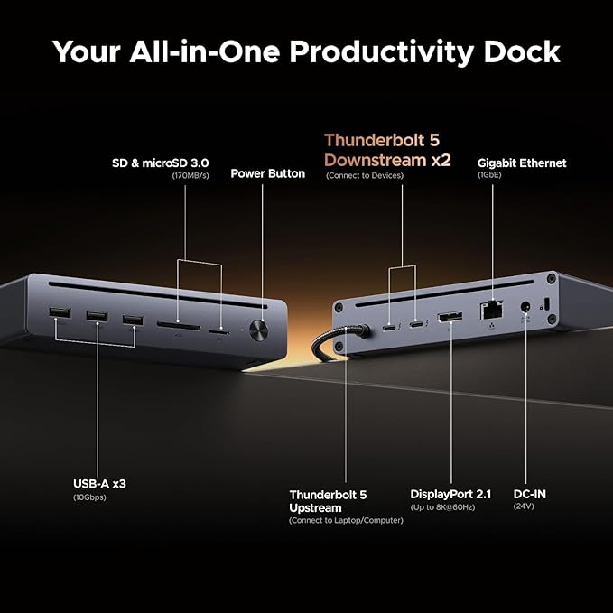 UGREEN Maxidok Thunderbolt 5 Hub Revodok 10 in 1, 120Gbps with 3×TBT5 (Single 8K / Dual 6K), 140W Total Power, DP2.1, Gigabit Ethernet, SD/TF 3.0 Docking Station for MacBooks and Windows Laptops