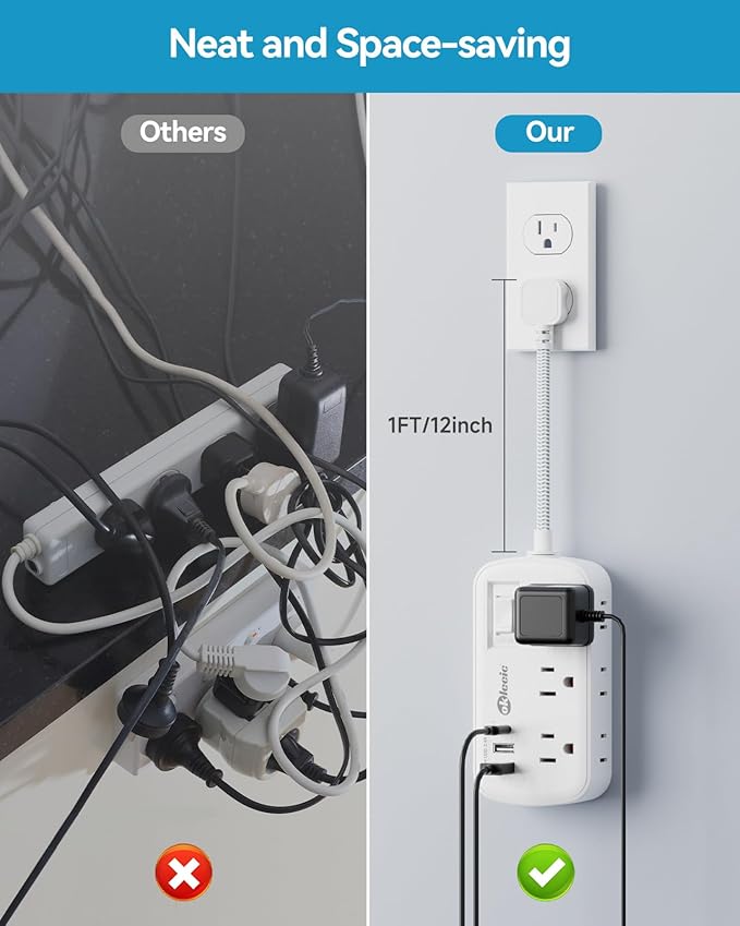 Short Extension Cord 1 ft - Flat Plug Small Power Strip Surge Protetor with 6 Outlets 3 USB (5V/3.4A 17W) Charging Ports, Multi Plug Wall Outlet Splitter for Home Office Dorm Roomc, White