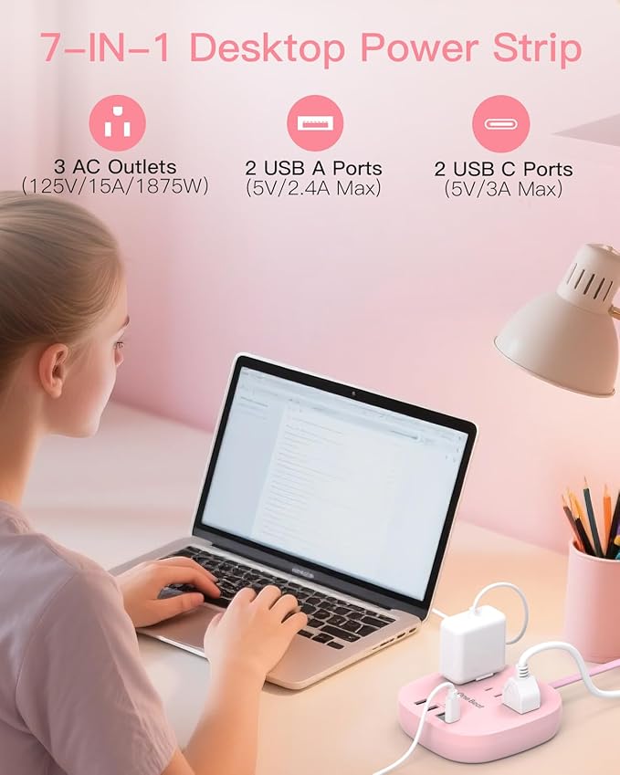 Flat Plug Power Strip, 6ft Pink Flat Extension Cord - 3 Outlets 4 USB Ports (2 USB C) 22.5W/4.5A Desktop Charging Station, Power Strip No Surge Protection for Cruise Ship, Dorm Room Travel Essentials