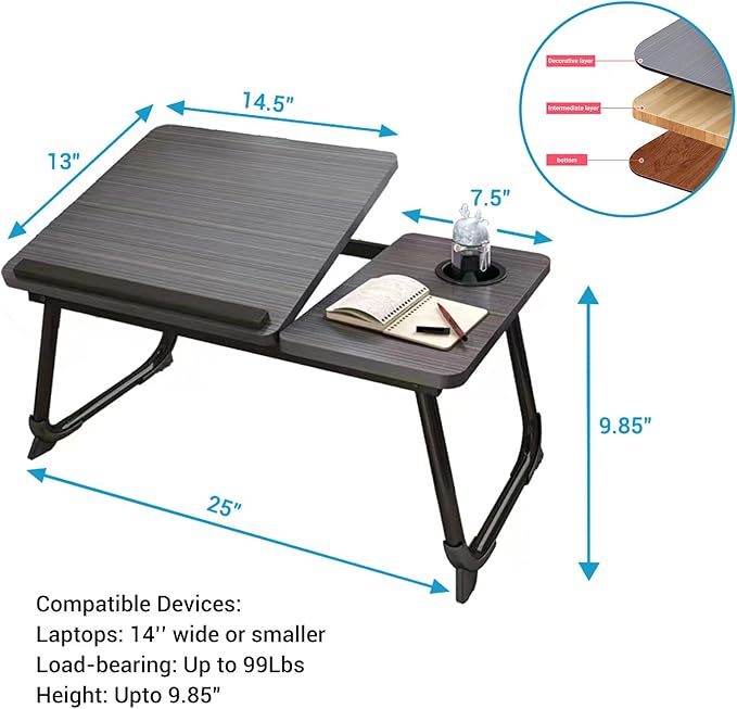 CloudTrip Laptop Desk for Bed or Couch, Lap Desk, Woking in Bed Desk, Home Office Desks, Breakfast Tray, Desk with Cup Holder, Watching Movies in Bed, Laptop Stand for Bed, Fordable Legs Desk (Black)