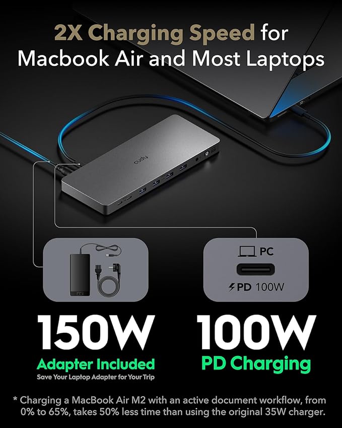 Cudy USB 3.2 Gen 2 Dual 4K 60Hz Display Docking Station, Up to 2 Monitor Display, 10Gbps USB C, 2 HDMI & Display Ports, 1000Mbps RJ45 Port, 100 Watts PD, 150 Watts PSU, DisplayLink, CS700