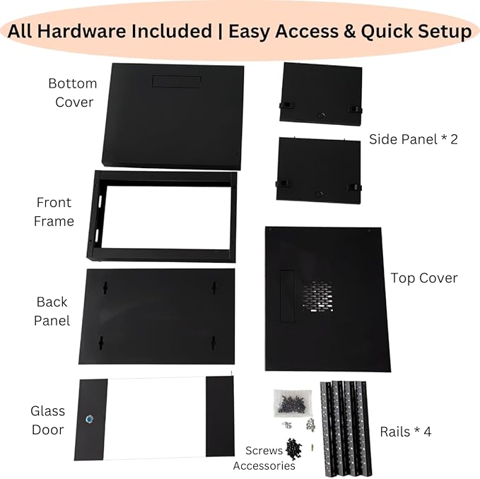 6U Server Cabinet for Home Office, Wall Mount Network Rack Enclosure for 19” IT and A/V Equipment with Lockable Glass Door, Removable Side Panels, Computer Data Networking Equipment