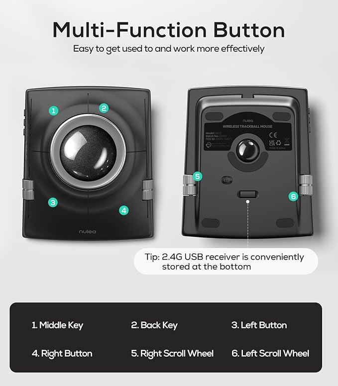 Nulea M512 Wireless Trackball Mouse, Ergonomic 55mm Trackball, Adjustable DPI for Precise Control, Left or Right Hand Compatible, Rechargeable, Multi-Device Bluetooth & 2.4GHz for PC, Laptop（Black）
