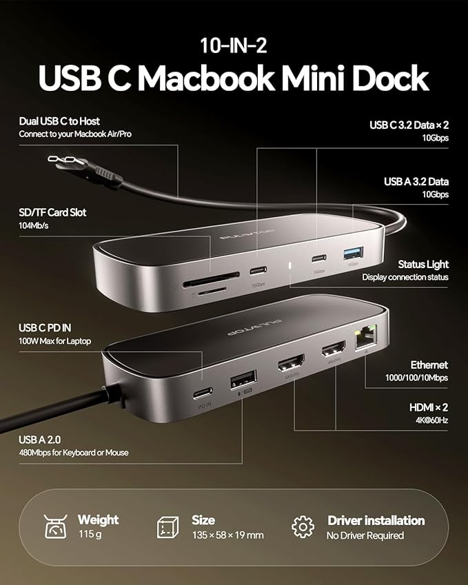 MacBook Pro Docking Station Dual Monitor 4K@60Hz for MacBook Pro/Air M5/M4/M3 Pro & Max, Mac Docking Station Dual Monitor, Macbook Pro Dock with 2HDMI,PD,Ethernet,USB A/C 10Gbps,SD/TF, USB 2.0