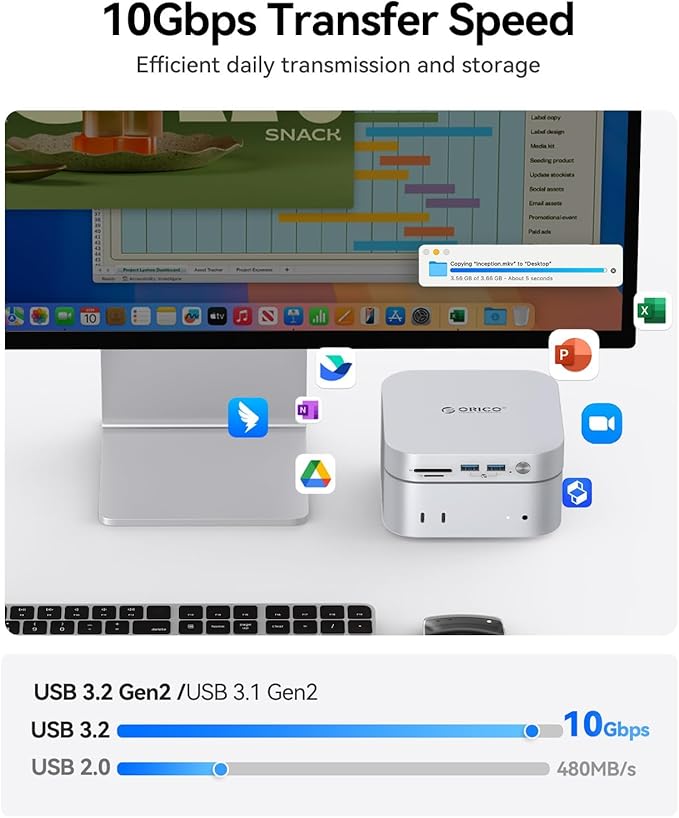 ORICO MiniLink Mac mini M4 USB Hub Compatibility with NVME/SATA M.2 SSD Enclosure, 9-in-1 Aluminum Dock,2 ×USB A 10Gbps, 2 × USB A 2.0,3.0 SD/TF Card Readers, 3.5mm Headphone & Microphone Jacks(M49P)