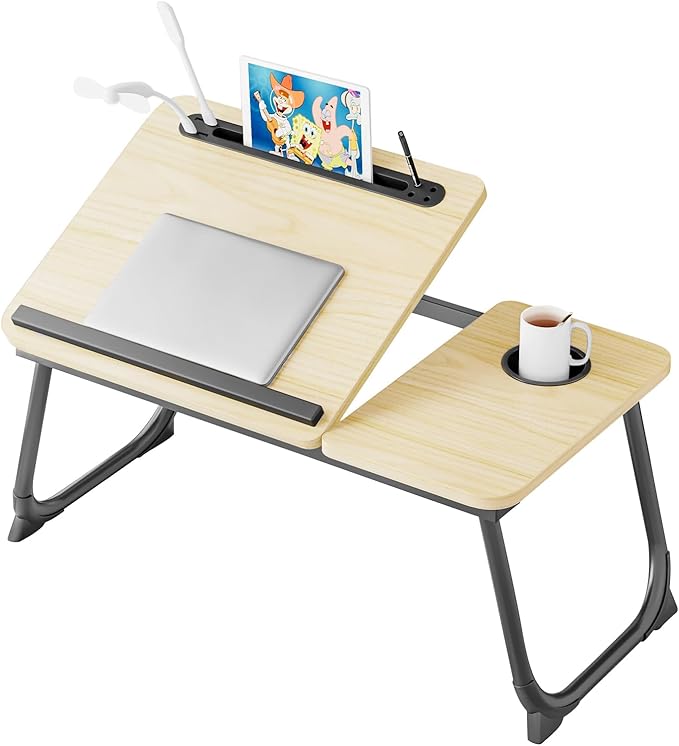 Laptop Desk for Bed, Adjustable Laptop Stand with 5 Different Angles, Portable Lap Tray Table with USB Charge Port and Cup Holder, Laptop Bed Desk Tray for Eating Working Writing (Yellow)
