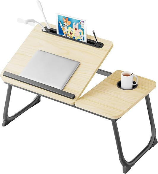 Laptop Desk for Bed, Adjustable Laptop Stand with 5 Different Angles, Portable Lap Tray Table with USB Charge Port and Cup Holder, Laptop Bed Desk Tray for Eating Working Writing (Yellow)