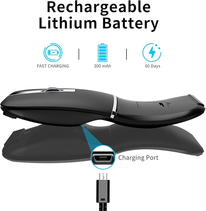 ACOZYKITTEN Arc Bluetooth Mouse, Ultra-Thin Rechargeable Rotating Wireless Mice, Dual Mode (BT5.0/3.0+2.4G), Portable Travel Arc Mouse Suitable for Laptop, PC, Mac, Tablet, iPad - Black