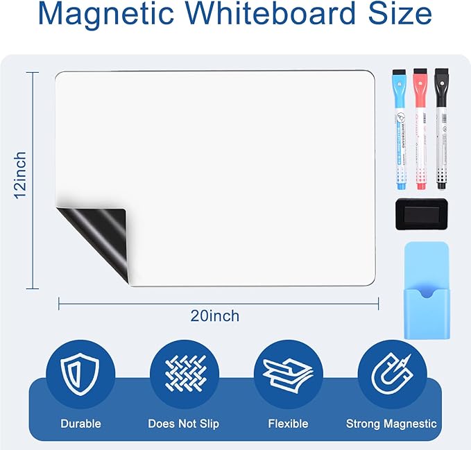 Magnetic Dry Erase Whiteboard for Fridge - 20x12 Inch Flexible Memo Board, 8-Piece Set with 1Whiteboard, 6 Markers & 1 Pen Holder, Reusable Magnetic Refrigerator Board for Kitchen, Office, Home& Dorm