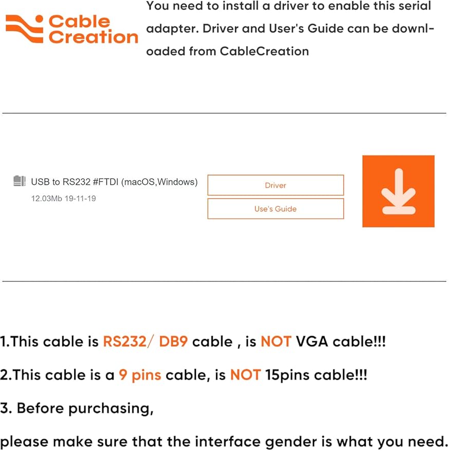 CableCreation USB to RS232 Adapter with FTDI Chipset, USB to RS232 Male DB9 Serial Converter for Cashier Register, Modem, Scanner, Industrial Machinery, CNC, Black