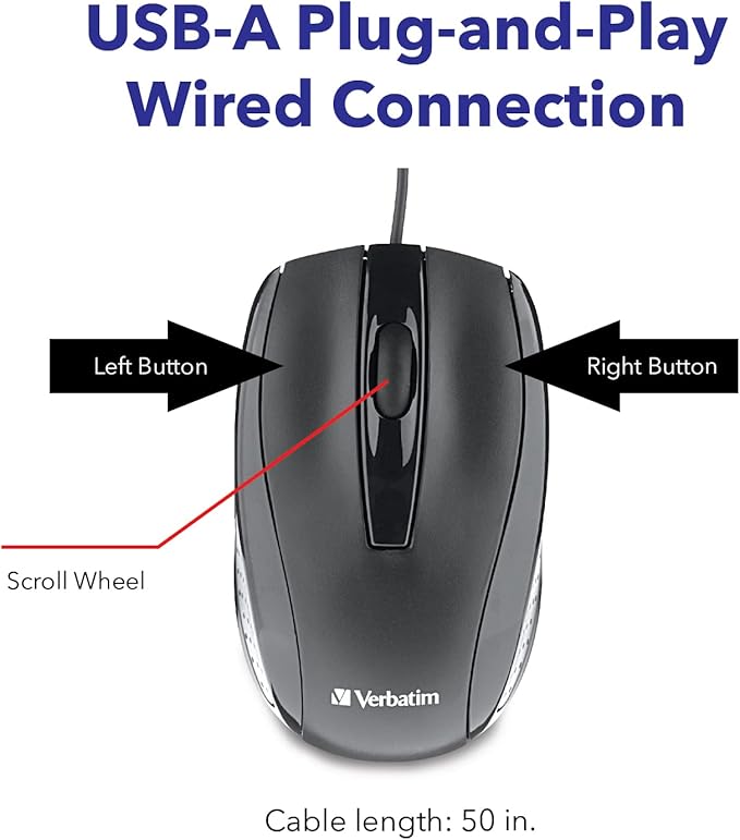 Verbatim Wired Computer , Corded USB Mouse for Laptops and PCs - Right or Left Hand Use, Black