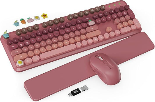 Wireless Keyboard and Mouse Combo, Typewriter Keyboard with Detachable Wrist Rest, Full-Size Retro Round Keycaps, Smart-Sleep, 2.4GHz Stable Connection for Mac/Windows/PC, Trueque(Ombre Dusty Rose)