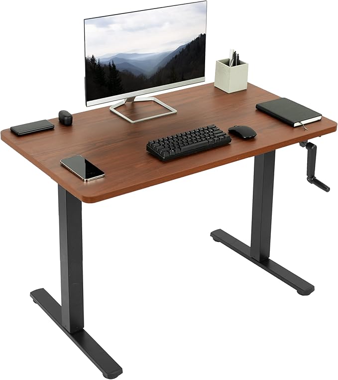 VIVO Manual Height Adjustable 43 x 24 inch Stand Up Desk, Dark Walnut Solid One-Piece Table Top, Black Frame, Standing Workstation with Foldable Handle, DESK-KIT-MB4D