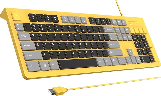 Wired Keyboard, Ultra-Thin USB Wired Computer Keyboard, Low-Profile Keys, Spill-Resistant, Multimedia Keys, Compatible with Windows, Mac, Chrome, Linux, and Android-Yellow