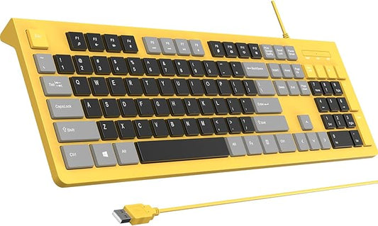 Wired Keyboard, Ultra-Thin USB Wired Computer Keyboard, Low-Profile Keys, Spill-Resistant, Multimedia Keys, Compatible with Windows, Mac, Chrome, Linux, and Android-Yellow
