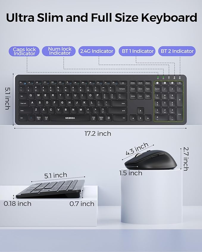seenda Bluetooth Keyboard and Mouse Combo, COE300 Wireless Keyboard Mouse, 3 Multi-Device Connection Full Size Ultra-Slim Keyboard with Number Pad for Mac, Windows, Laptop, PC, iPad, Black