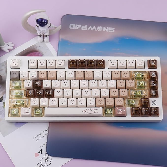 26 Keys Crystal Jelly Personalized Keycaps, PC Material Cute Coffee Cat Transparent Custom Keycaps, Mao Profile Keycap for DIY MX Swithes Mechanical Keyboards
