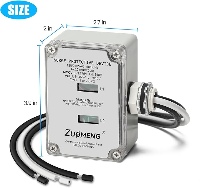 HVAC Surge Protector, Zuomeng 120/240VAC Universal Air Conditioner Surge Protective Device with 20kA Surge Absorption, Dual LED Indicators, 3 Type of Protection to Protect HVAC Systems