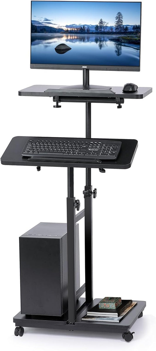 Mobile Laptop Stand Desk, Standing or Sitting Rolling Computer Cart with Tower Stand, Adjustable Height 27.5" to 47.2" Portable Laptop Table Home Office Computer Workstation, Locking Wheels
