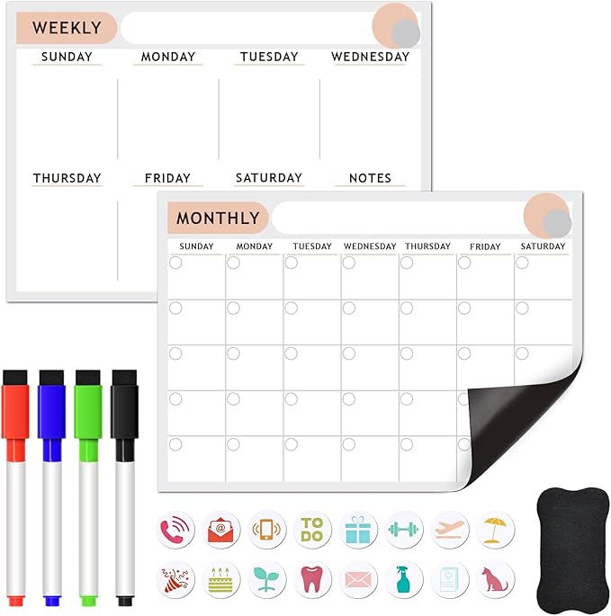 ARVOK 2 Pack A3 Magnetic Calendar for Refrigerator - 16.5"x11.6" Reusable Weekly & Monthly Planner Dry Erase Fridge Calendar Whiteboard with 4 Markers, 16 Magnets & Eraser for Family Schedule, Meal Menu, To-Do List