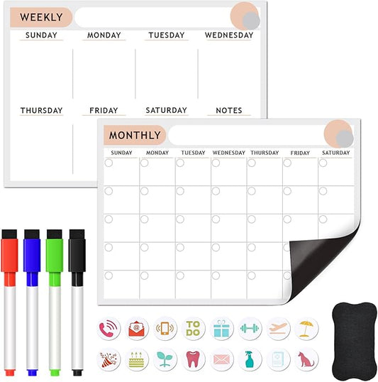 ARVOK 2 Pack A3 Magnetic Calendar for Refrigerator - 16.5"x11.6" Reusable Weekly & Monthly Planner Dry Erase Fridge Calendar Whiteboard with 4 Markers, 16 Magnets & Eraser for Family Schedule, Meal Menu, To-Do List