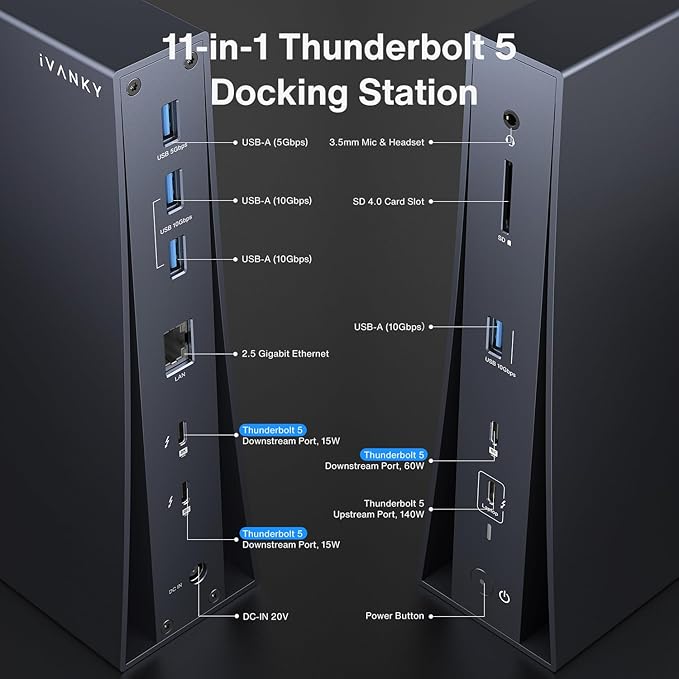iVANKY Intel Certified Thunderbolt 5 Dock Upgrade FusionDock Pro 3 Docking Station with 11-Port 180W Power, Single 8K, Dual 6K@60Hz for MacBook Pro/Max Series, Dual 8K@60Hz for Window, 120Gbps, 2.5GbE