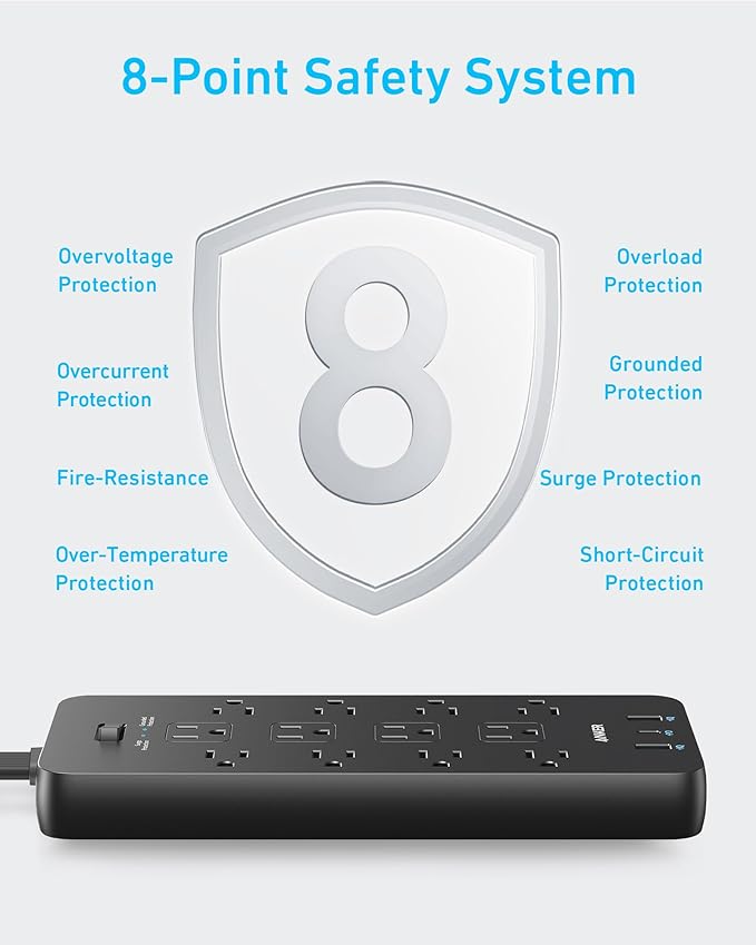 Anker Surge Protector Flat Plug Power Strip(2100J), 12 AC Outlets, 5feet Flat Extension Cord, 1USB C and 2 USB Ports for Multiple Devices, 20W Fast Charging for Home, Office, Dorm Essential, TUV