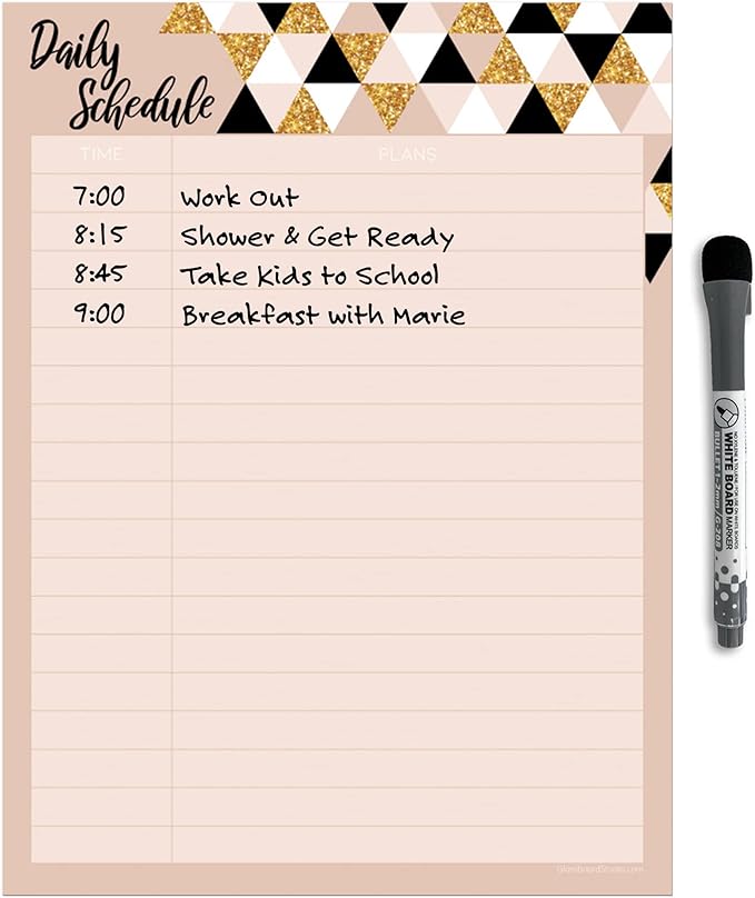 Dry Erase Daily Schedule Planner Sticker Decal by Glassboard Studio | Removable & Reusable | Magnetic Fine-Tip Marker Included (9 x 12 inches, Rose & Gold)