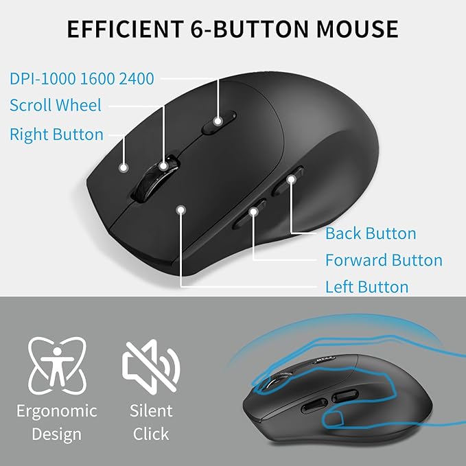 Wireless Keyboard and Mouse Combo, Full-Size Slim Keyboard with Numeric Keypad, Calculator Button, 2400 DPI Ergonomic Large Mouse for Right Hand, USB Cordless Set for Laptop PC Windows - Black & Grey