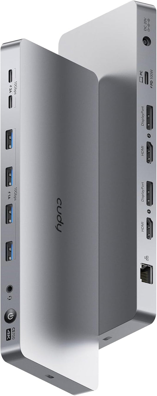 Cudy USB 3.2 Gen 2 Dual 4K 60Hz Display Docking Station, Up to 2 Monitor Display, 10Gbps USB C, 2 HDMI & Display Ports, 1000Mbps RJ45 Port, 100 Watts PD, 150 Watts PSU, DisplayLink, CS700