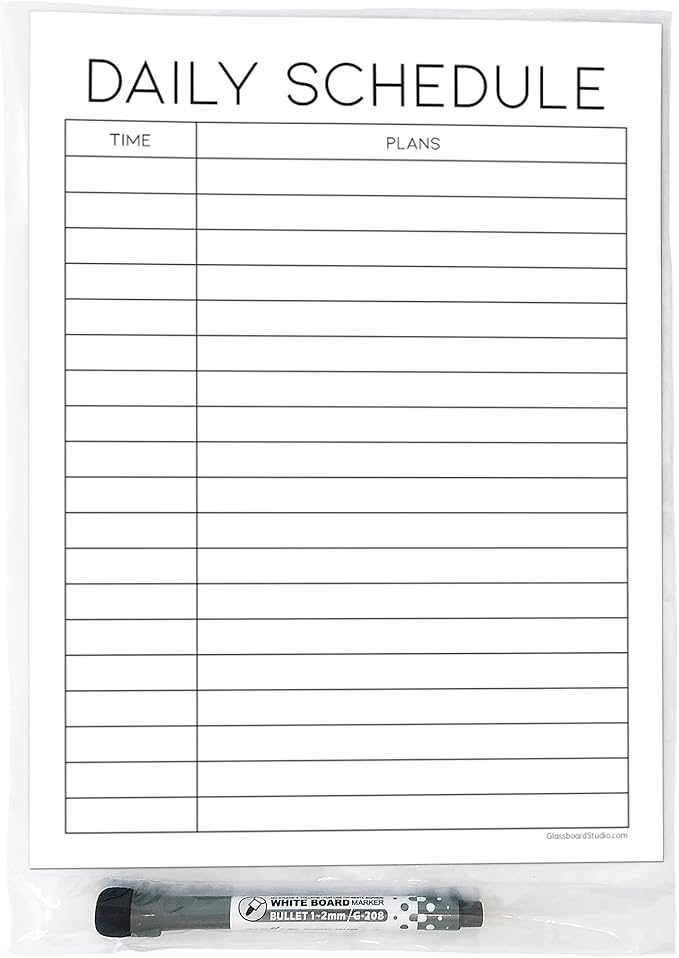 Dry Erase Daily Schedule Planner Sticker Decal by Glassboard Studio | Removable & Reusable | Magnetic Fine-Tip Marker Included (9 x 12 inches, White)