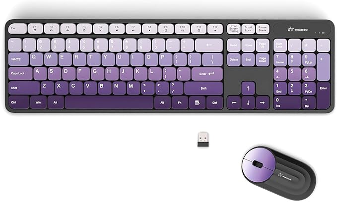 Wireless Keyboard and Mouse Combo - 2.4G Wireless, Rechargeable, Low-Noise, Cute Colorful, Full-Sized, 3 DPI Adjustable Mouse, for Computer, Laptop, PC, Desktop(Black-Purple)