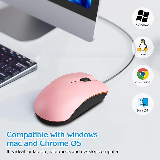Guiheng Wired mini Mouse, USB Wired Computer Mice for Right or Left Hand, Ergonomic Computer Mouse with Durable Clicks for PC, Computer, Laptop, Desktop, Chromebook, Notebook, Mac (Pink)