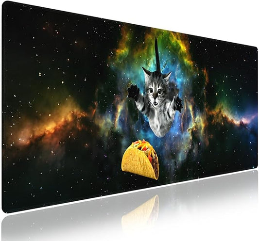 XXL Gaming Mouse Pad with Stitched Edges for PC Home & Office - Curious Cat Flying Through Galaxy Space Reaching for a Taco Cute Kitten Funny Design, Smooth Fabric Surface Large Desk Mat